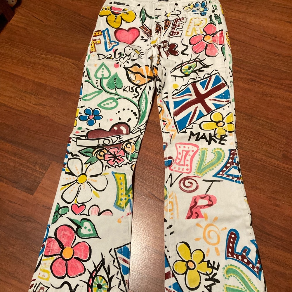 D and g dolce and gabbana grafitti print flared jeans pants